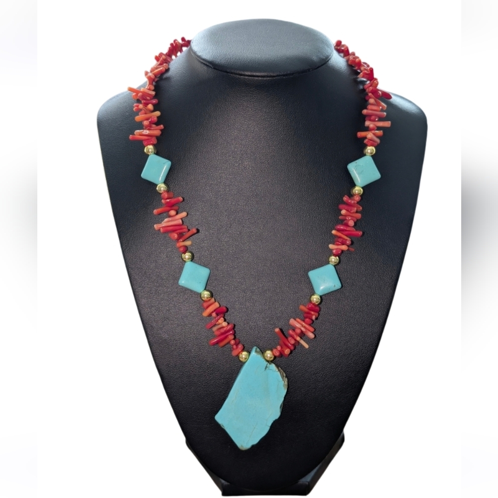 Hand Crafted Turquoise Howlite & Red Coral Statement Necklace